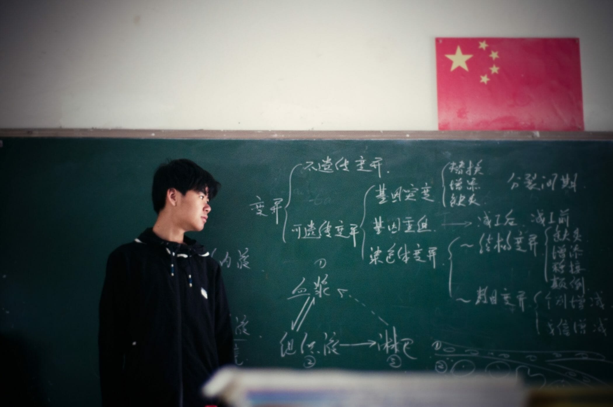 chinese student stands in front of chalkboard